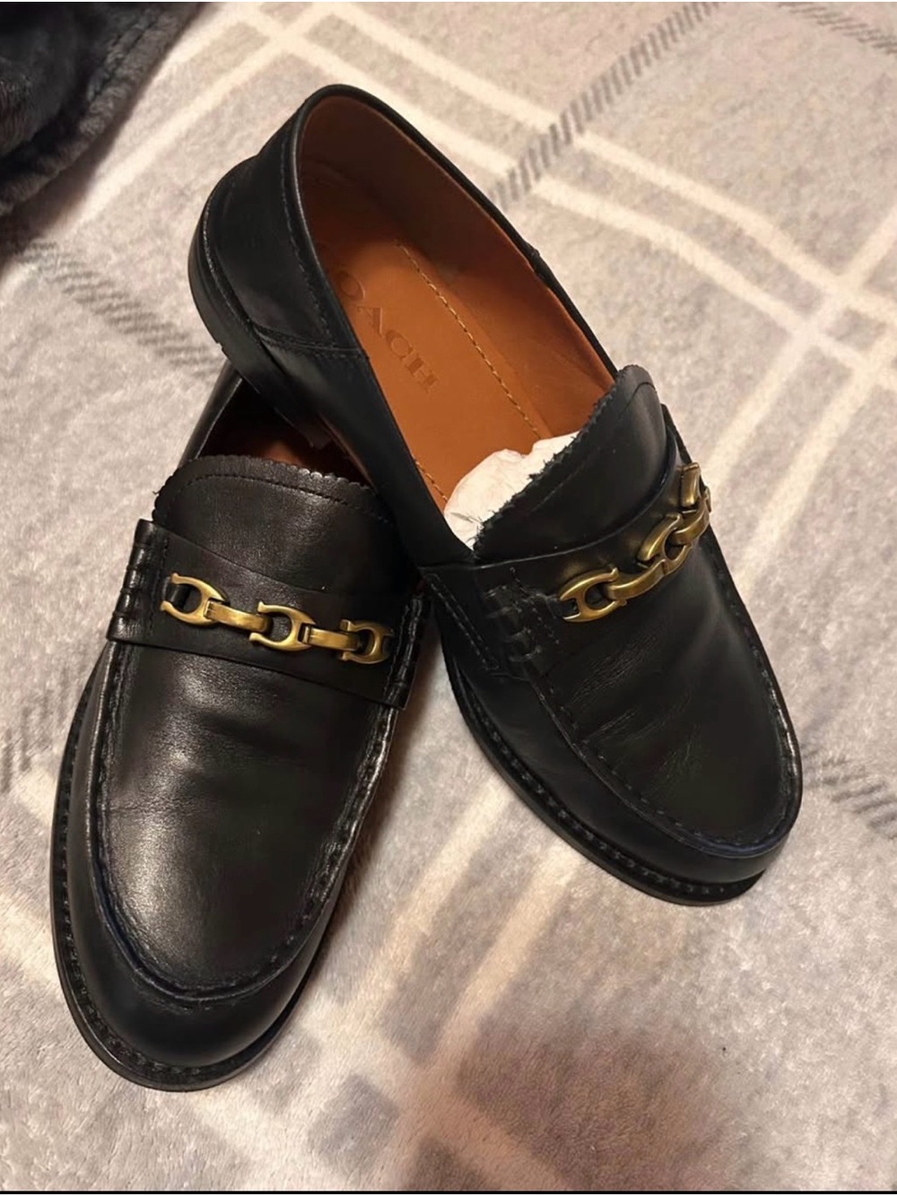 Coach Black Leather Loafers with Gold Chain Hardware